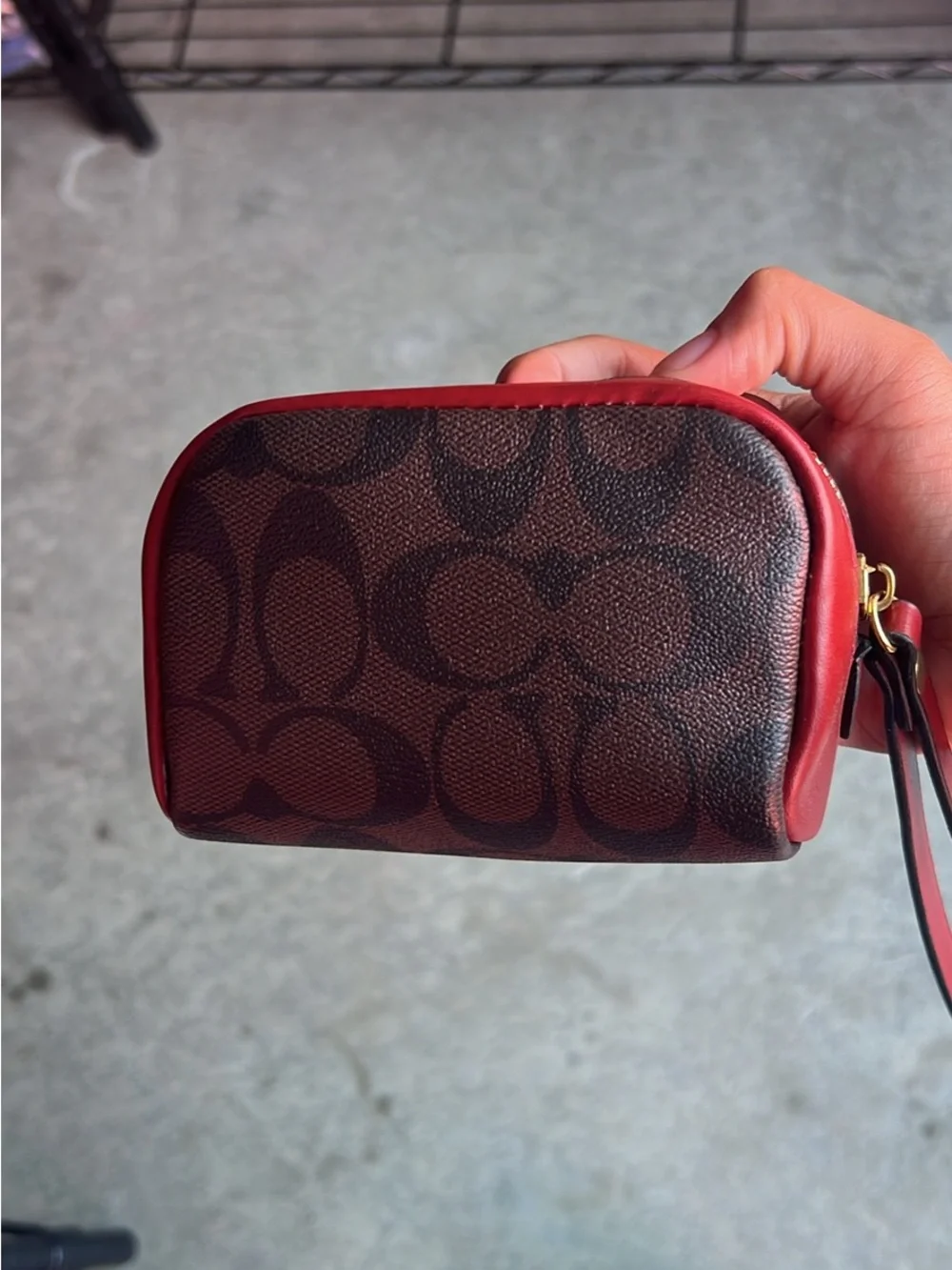 Coach Small Signature Wristlet Pouch in Brown and Red Trim